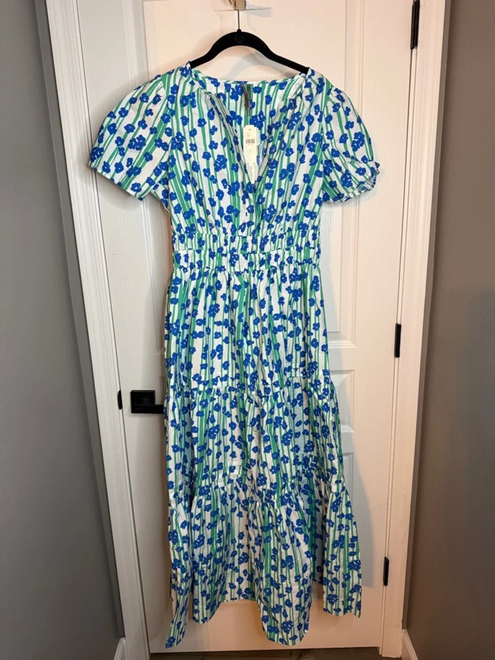 Anthropologie Somerset Blue Floral Tiered Maxi Dress with Green Stripe Accents - Picture 3 of 11